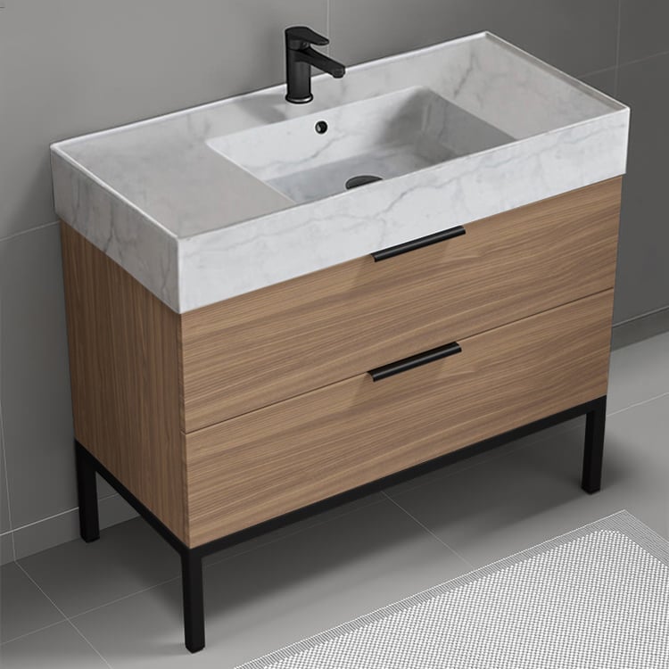 Nameeks DERIN752 Walnut Bathroom Vanity With Marble Design Sink, Floor Standing, 40 Inch, Modern